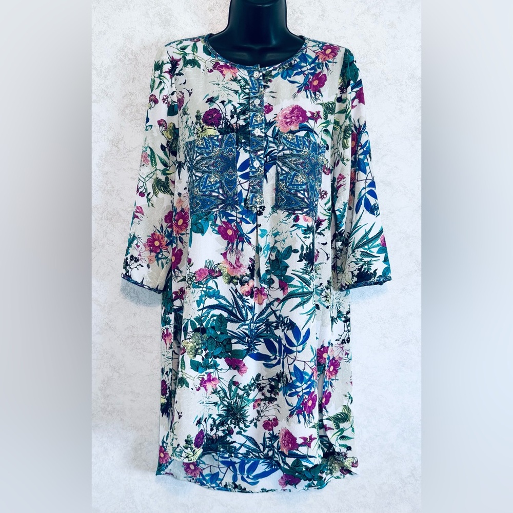 Fig & Flower Anthropologie Top Womens Medium Tunic Floral Print Semi Sheer